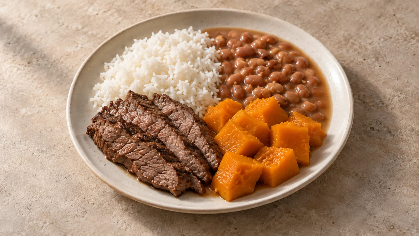 Arroz, feijão, patinho e abóbora