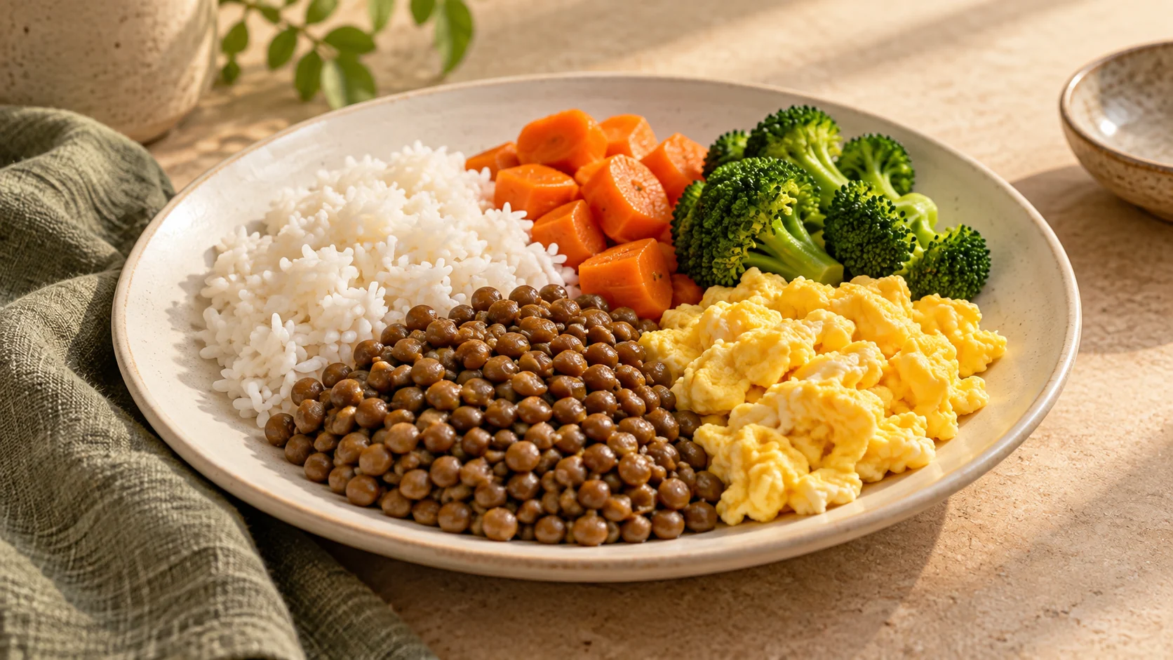 Arroz com lentilha, legumes e ovo