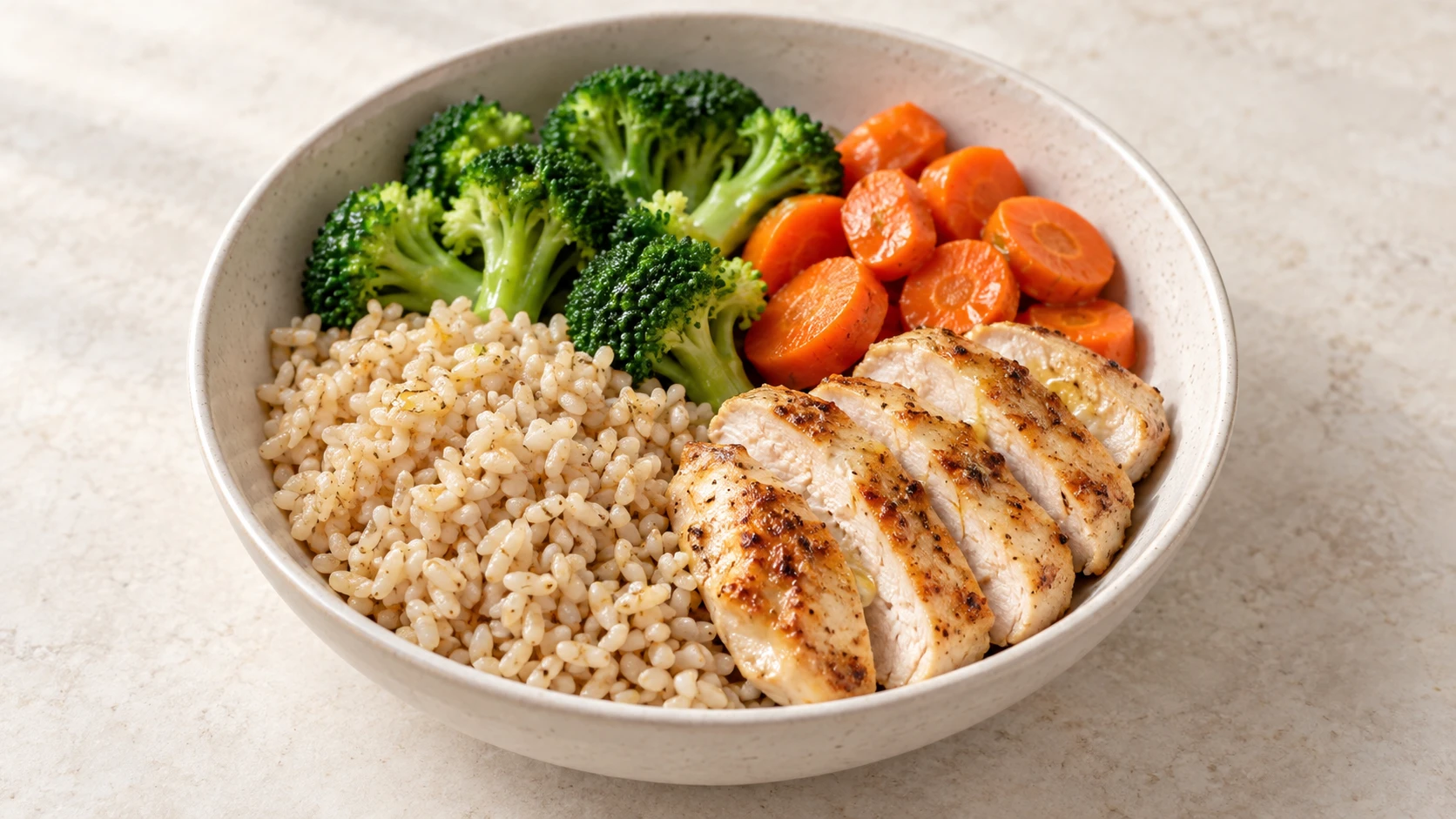 Bowl de frango com arroz integral e legumes