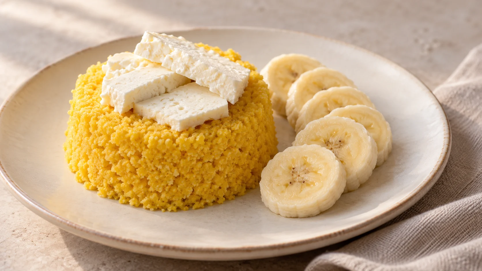 Cuscuz com queijo minas e banana