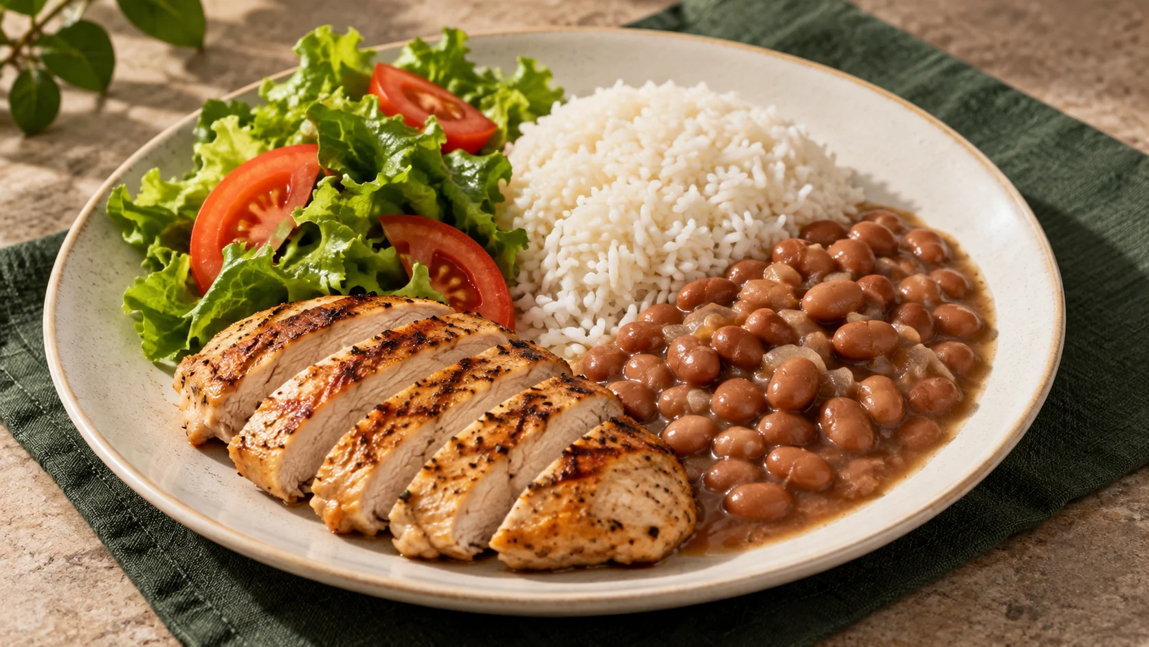 Frango com arroz, feijão e salada