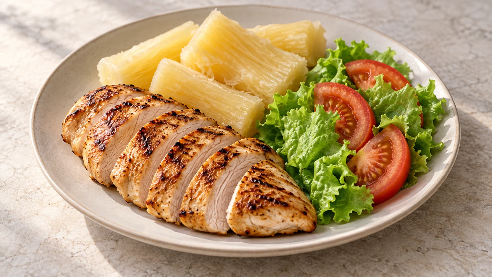 Frango com mandioca e salada
