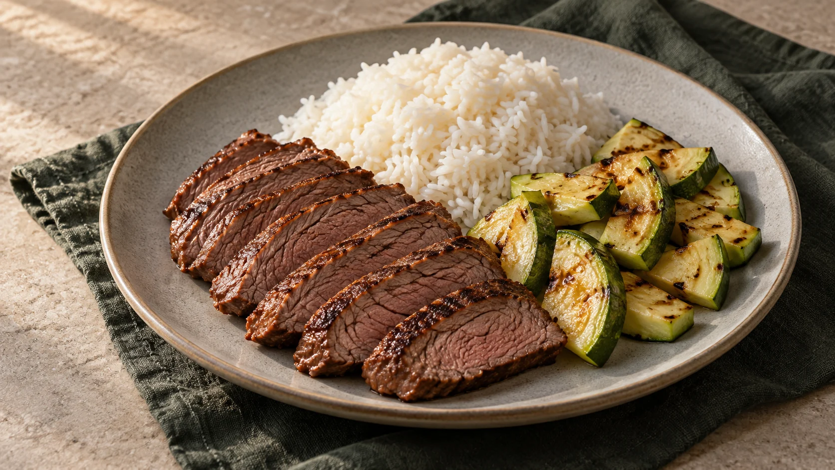 Patinho com arroz e abobrinha