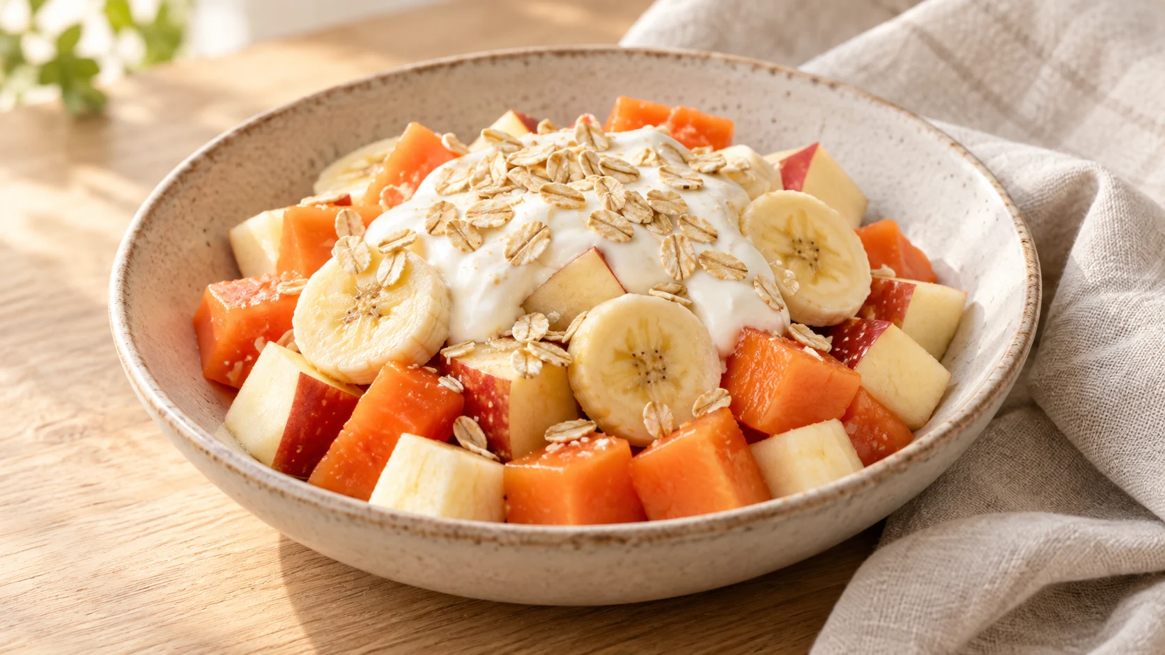 Salada de frutas com iogurte e aveia