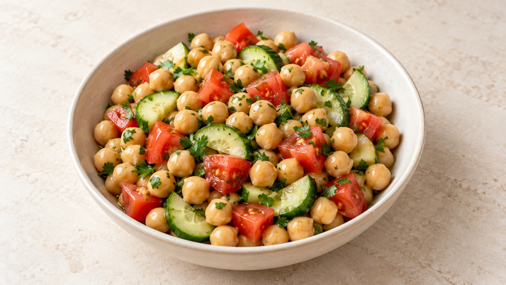 Salada de grão-de-bico com tomate e pepino