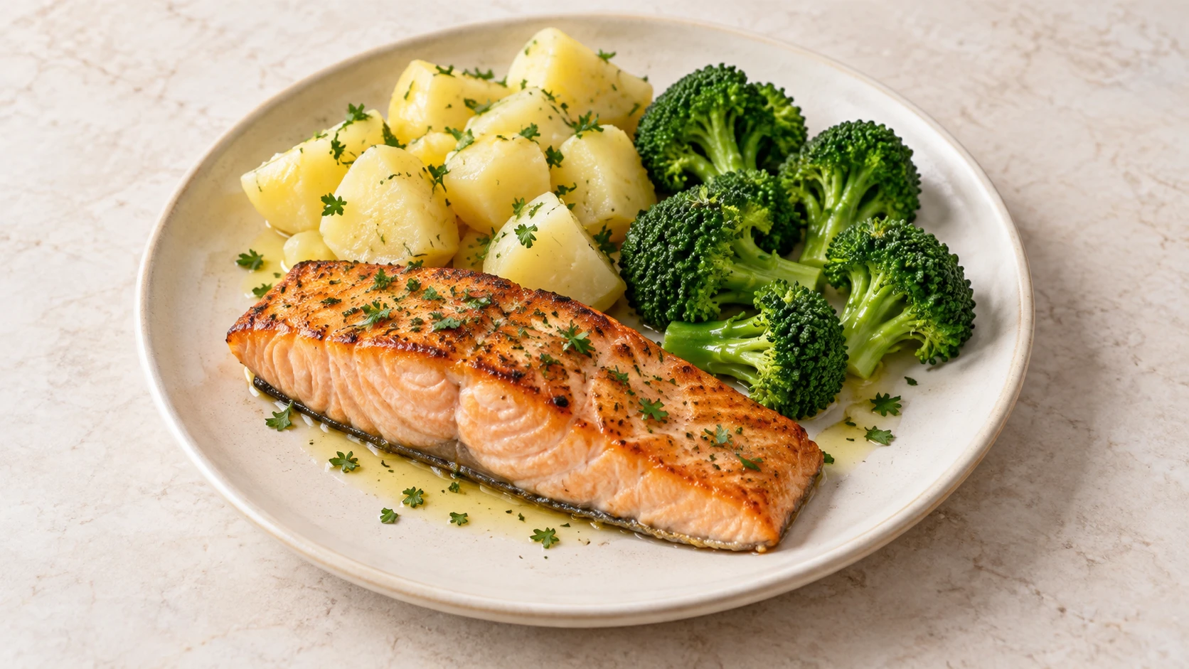 Salmão grelhado com batatas e brócolis